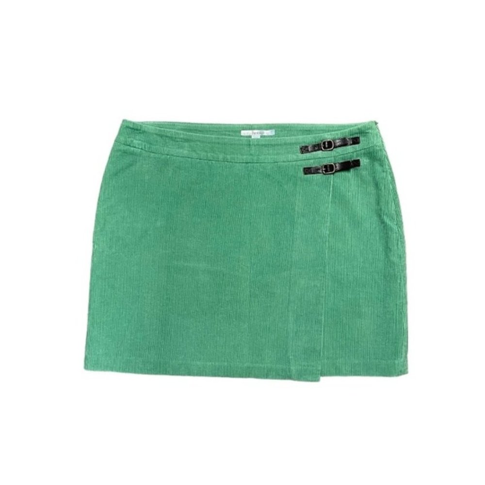 Boden‎ Corduroy Skirt Women's Size 16 US Green Faux Wrap Buckle Kilt Mini Lined